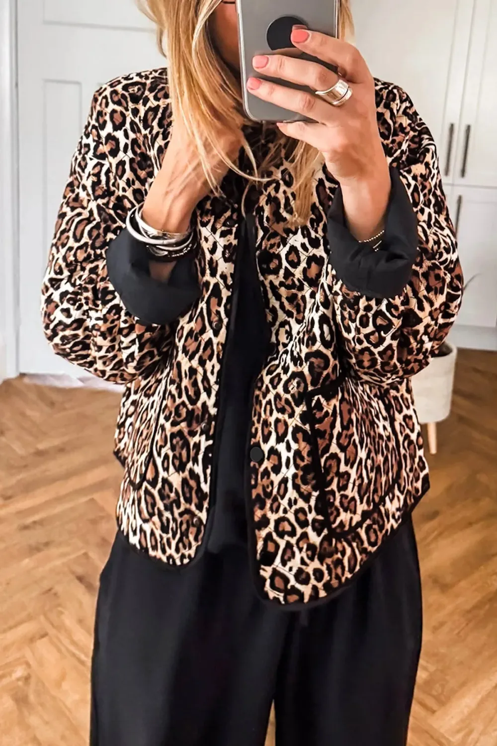Button-Front Quilted Leopard-Print Pocketed Jacket