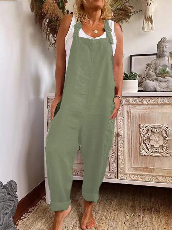 Wide Leg Adjustable Buckle Cotton Linen Jumpsuit