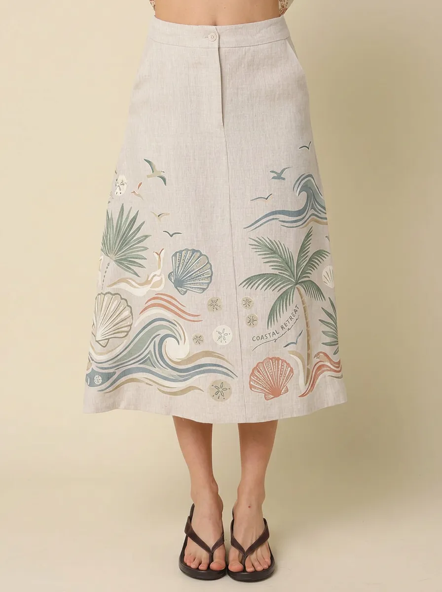 Women's Coastal Beach Lover Seashell Palm Tree Printed Midi Skirt