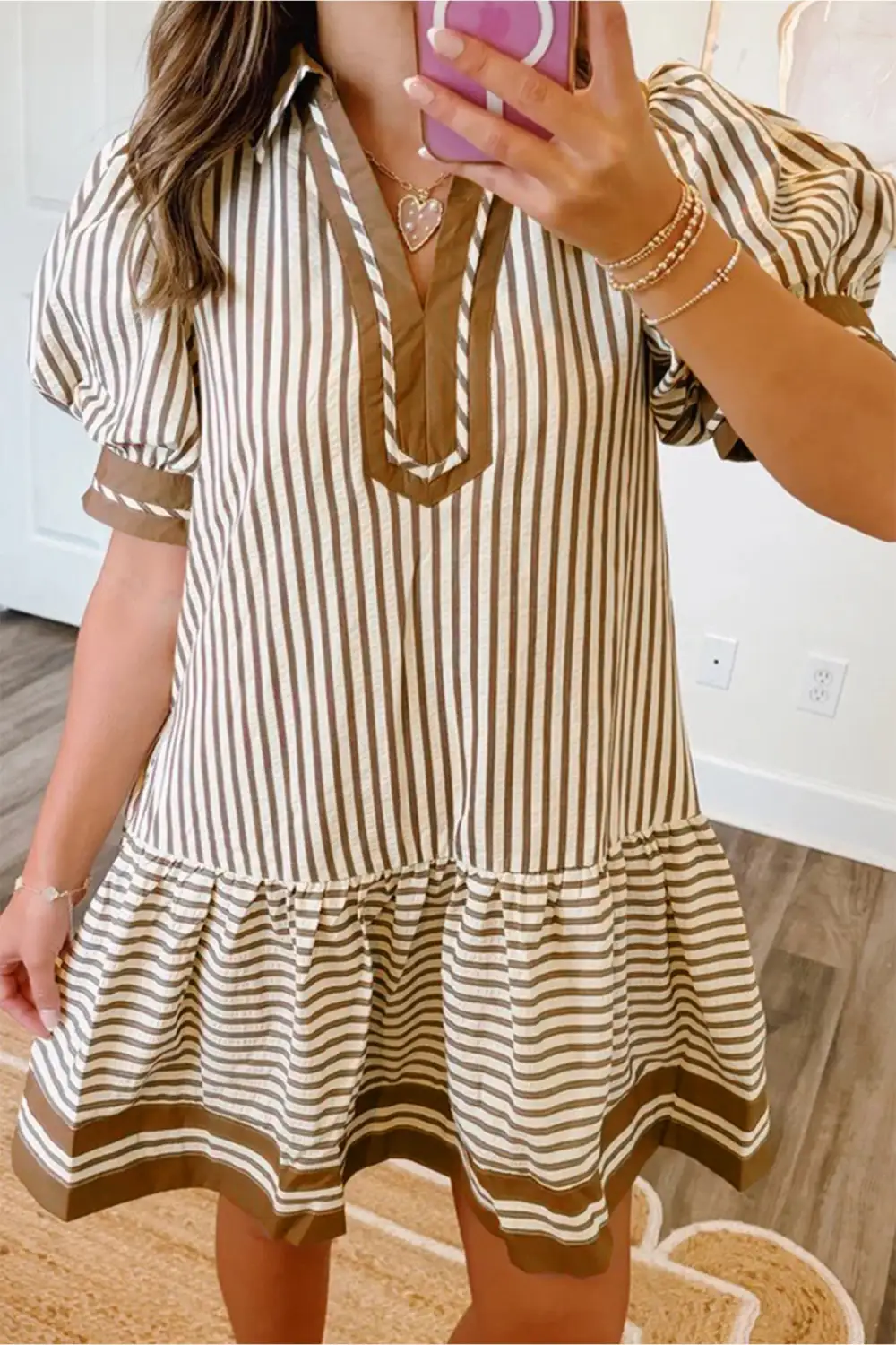 Striped Ruffle Trim Mixed Panel Mini Dress