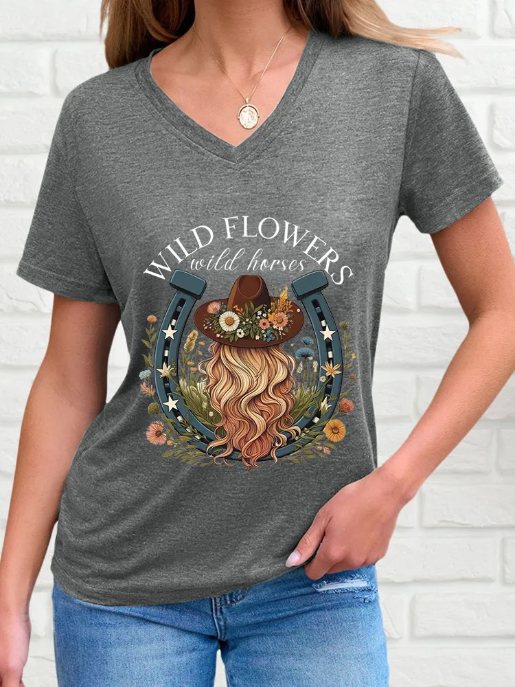 Women's Wildflower Pattern V-Neck Short Sleeve T-Shirt