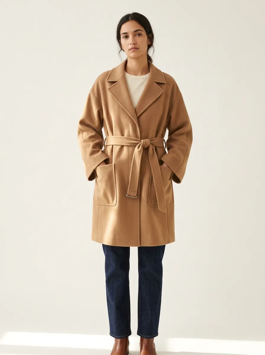 Belted Wool Blend Trench Coat