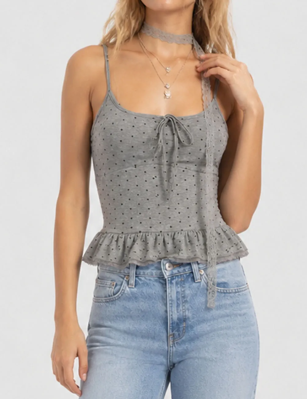 Polka Dot Scarf Neck Lace Trim Peplum Cami Top