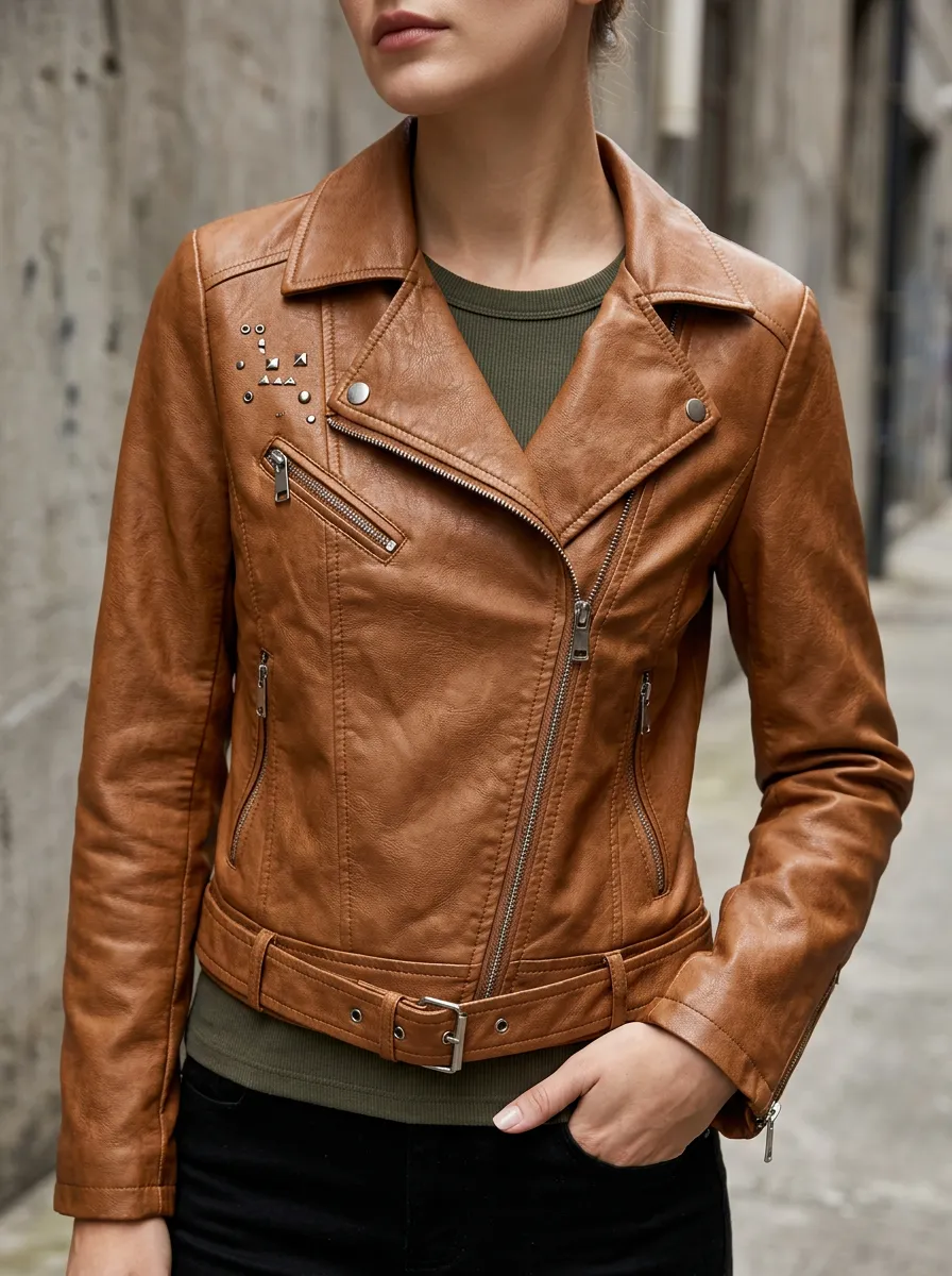 Women's Brown Studded Biker Faux Leather Jacket