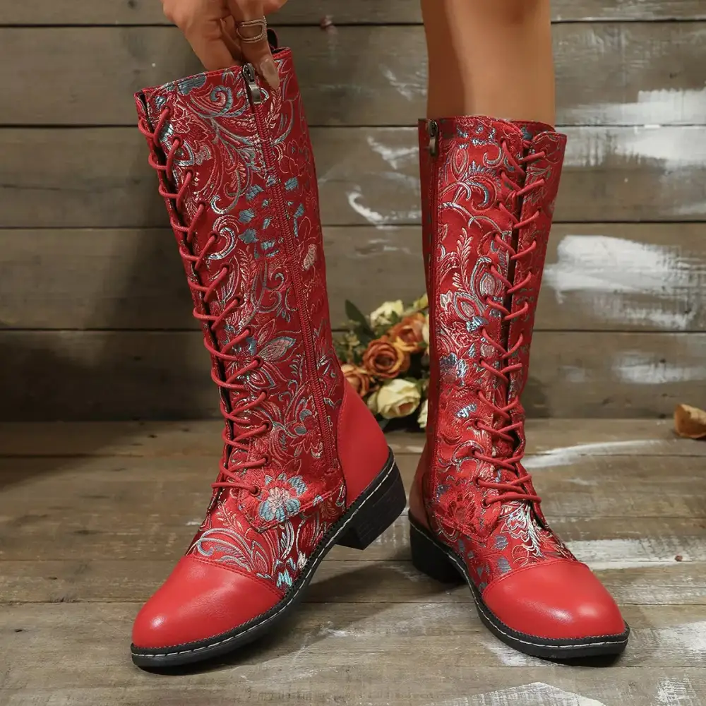 Embroidered Lace Up Block Heel Boots