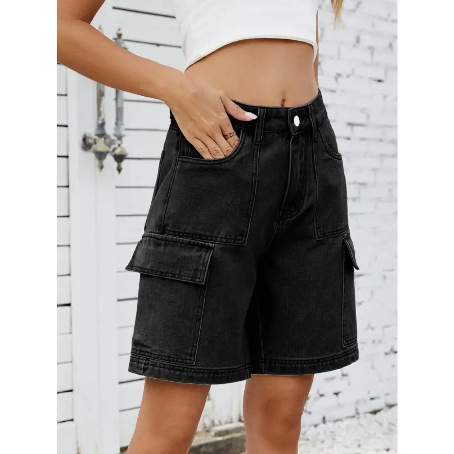 High Waist Pocketed Cargo Denim Shorts