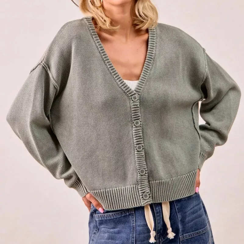 Washed Ribbed Knit Cardigan