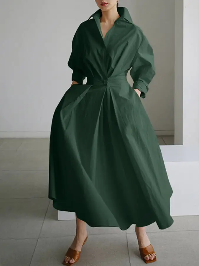 Women's Solid Pocket Button Lapel Long Sleeve Maxi Shirt Casual Dress
