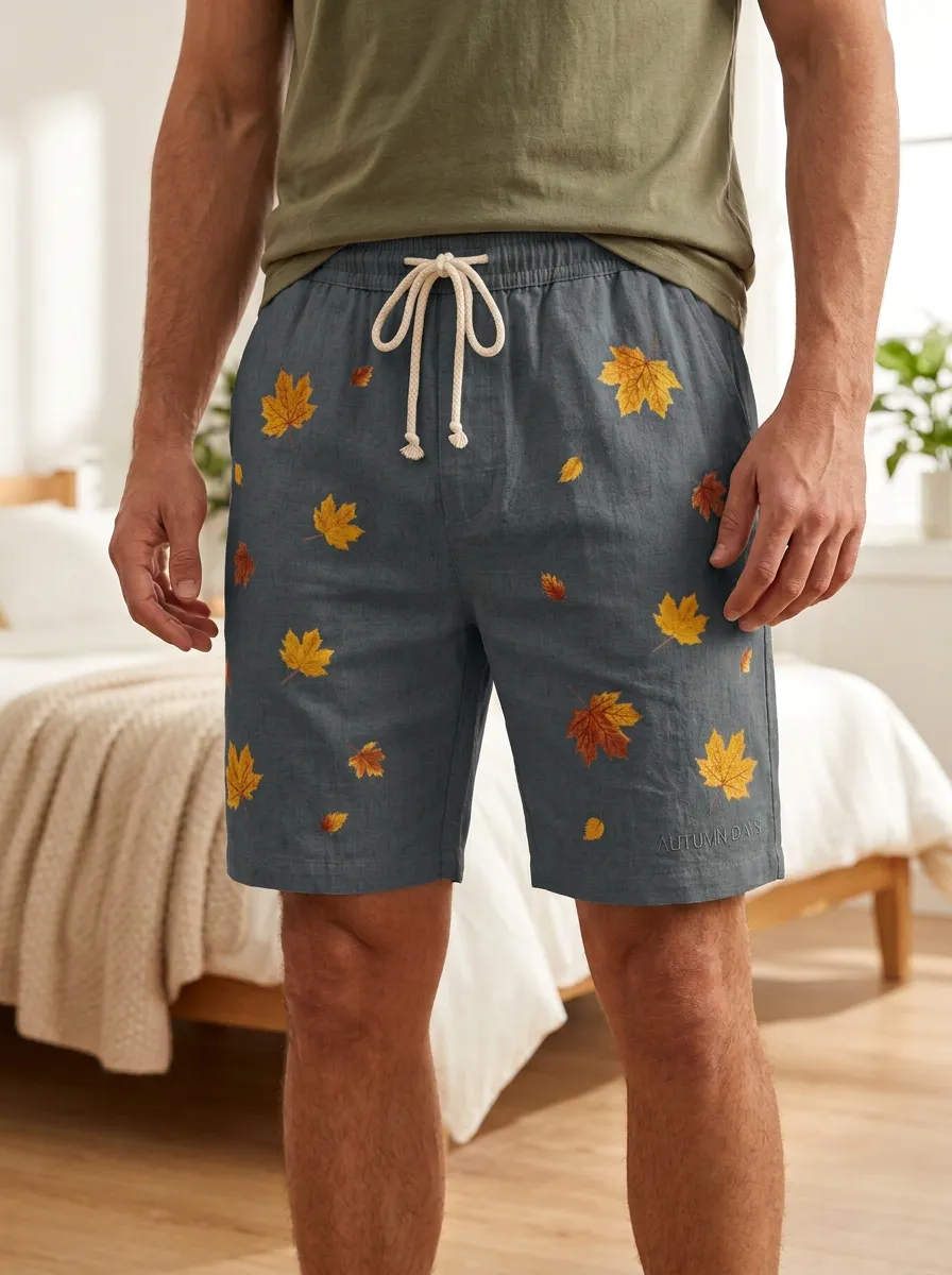 Maple Leaf Print Drawstring Capturing Shorts