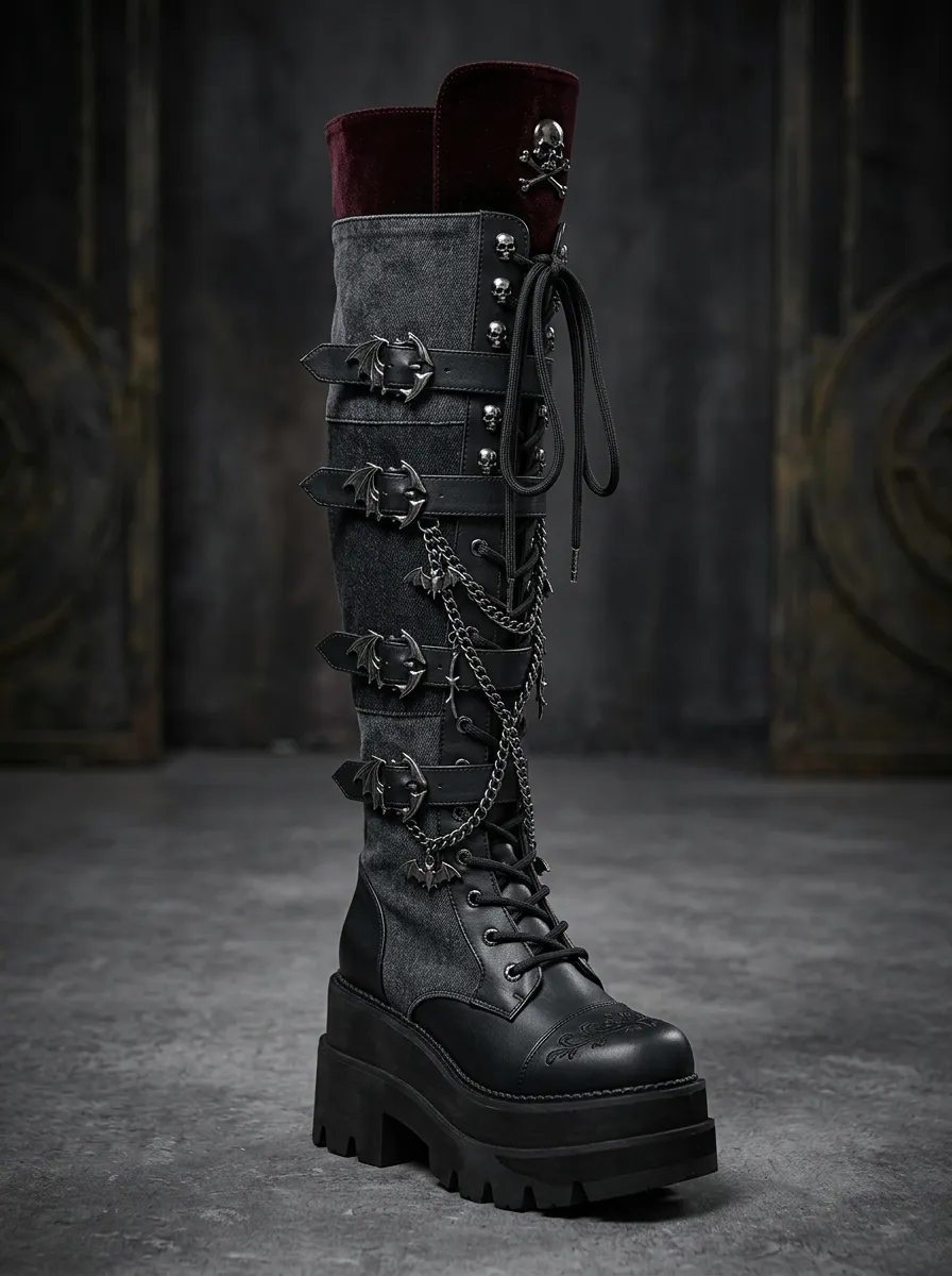 Modern Gothic Skull Bat Chain Darkwear Style Women's Gothic Platform Boots