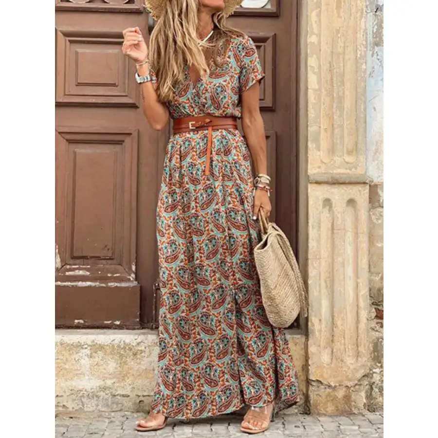 Full Size Printed V Neck Short Sleeve Maxi Dress Plus Size