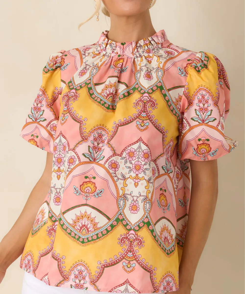Short-Sleeve Mock-Neck Scarf-Print Cotton Top
