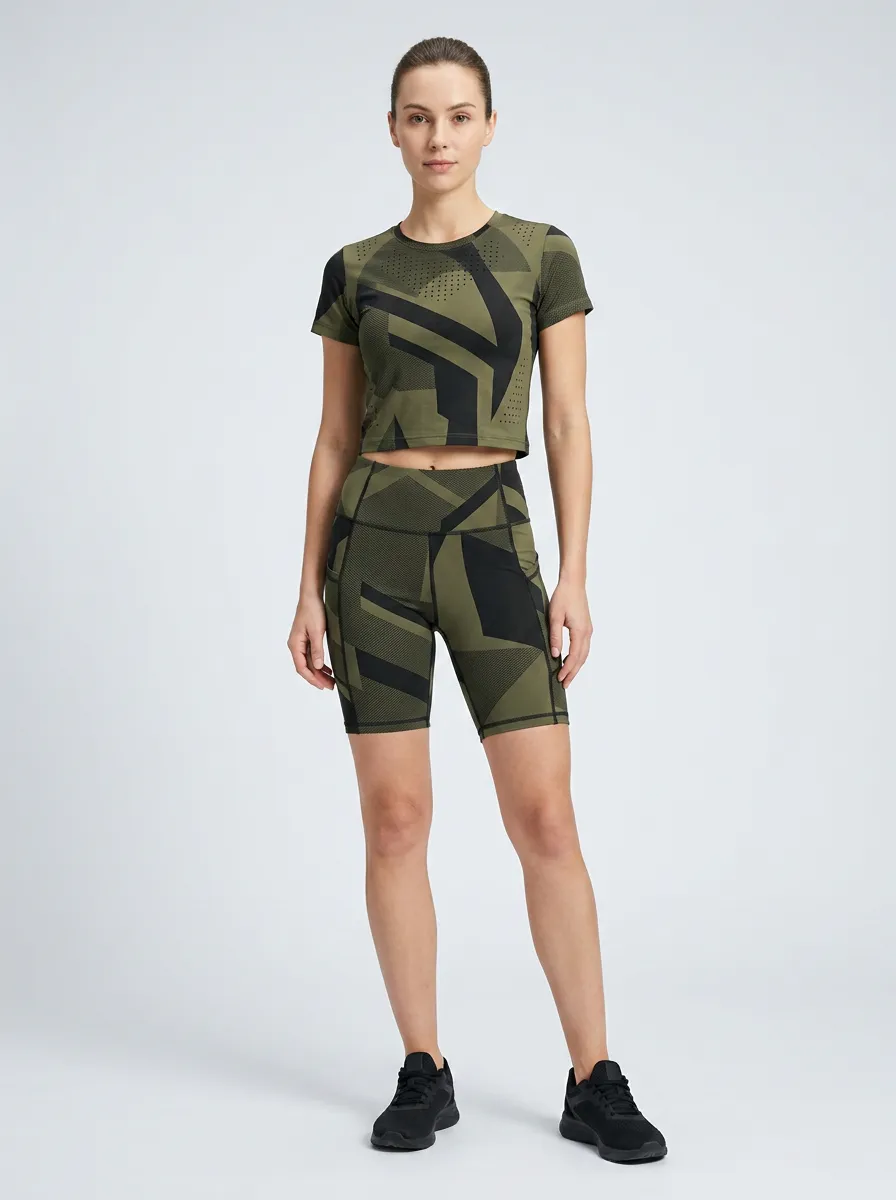 Women's Fitness Enthusiast Olive Geometric Printed Yoga Set