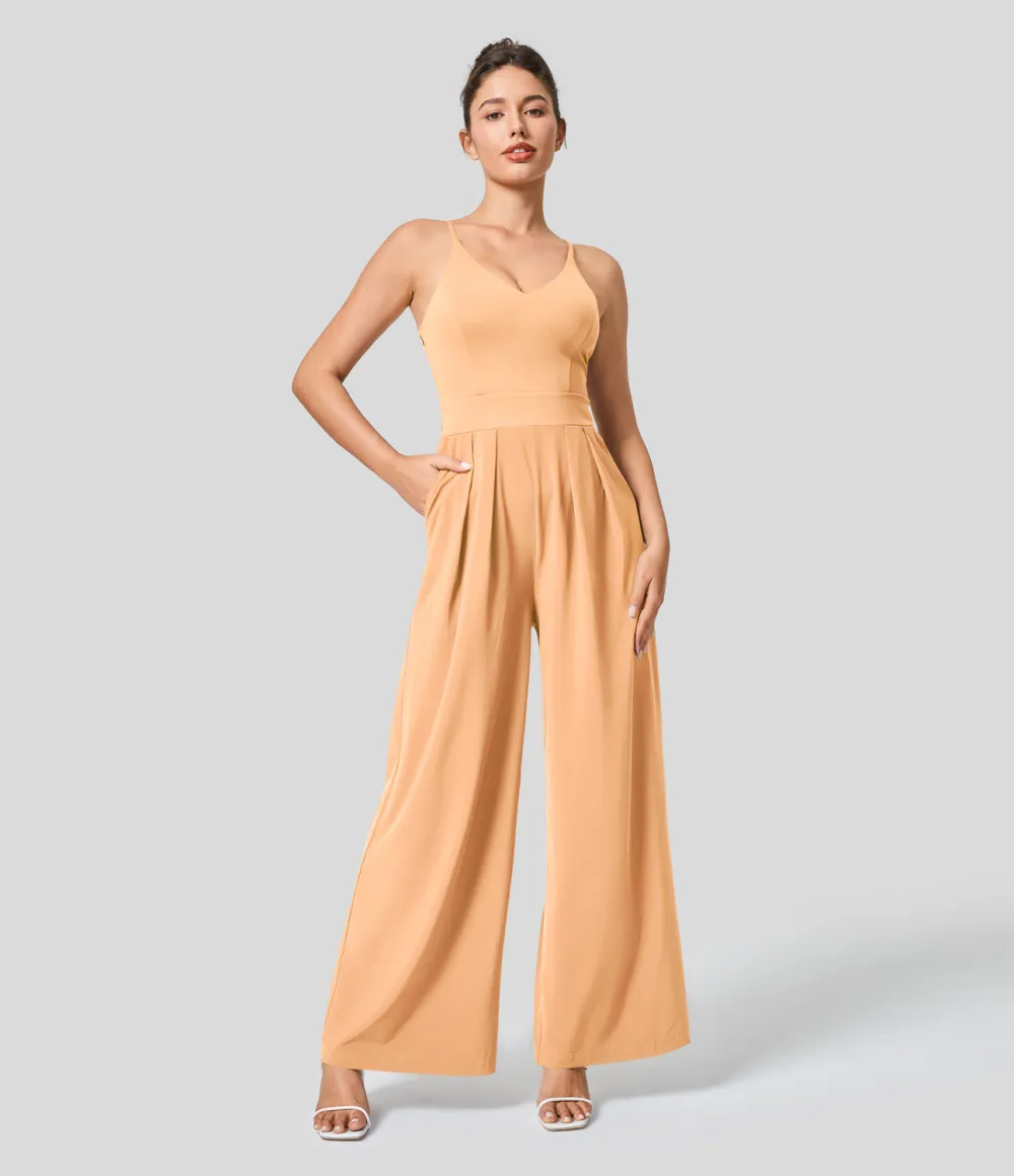 Breezeful Backless Side Invisible Zipper Pocket Wide Leg Quick Dry Resort Slip Jumpsuit