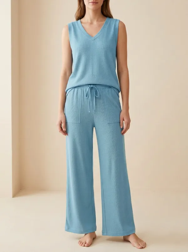 Waffle Knit V-Neck Sleeveless Lounge Set