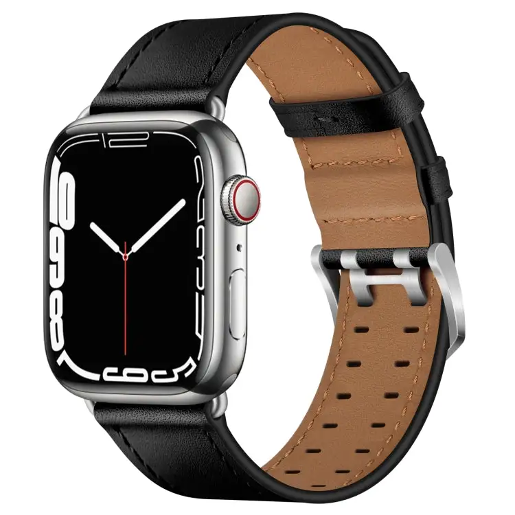 Double Buckles Leather Watch Band for Watch Series 9 & 8 & 7 41 mm / SE 3 & SE 2 & 6 & SE & 5 & 4 40 mm / 3 & 2 & 1 38 mm - Black Silver Buckle