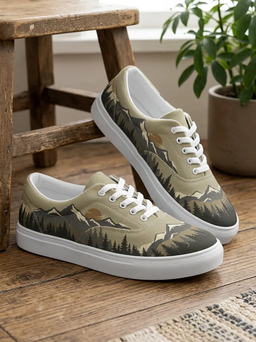 Men's Refined Nature Lover Mountain Forest Sunset Patterned Canvas Shoes