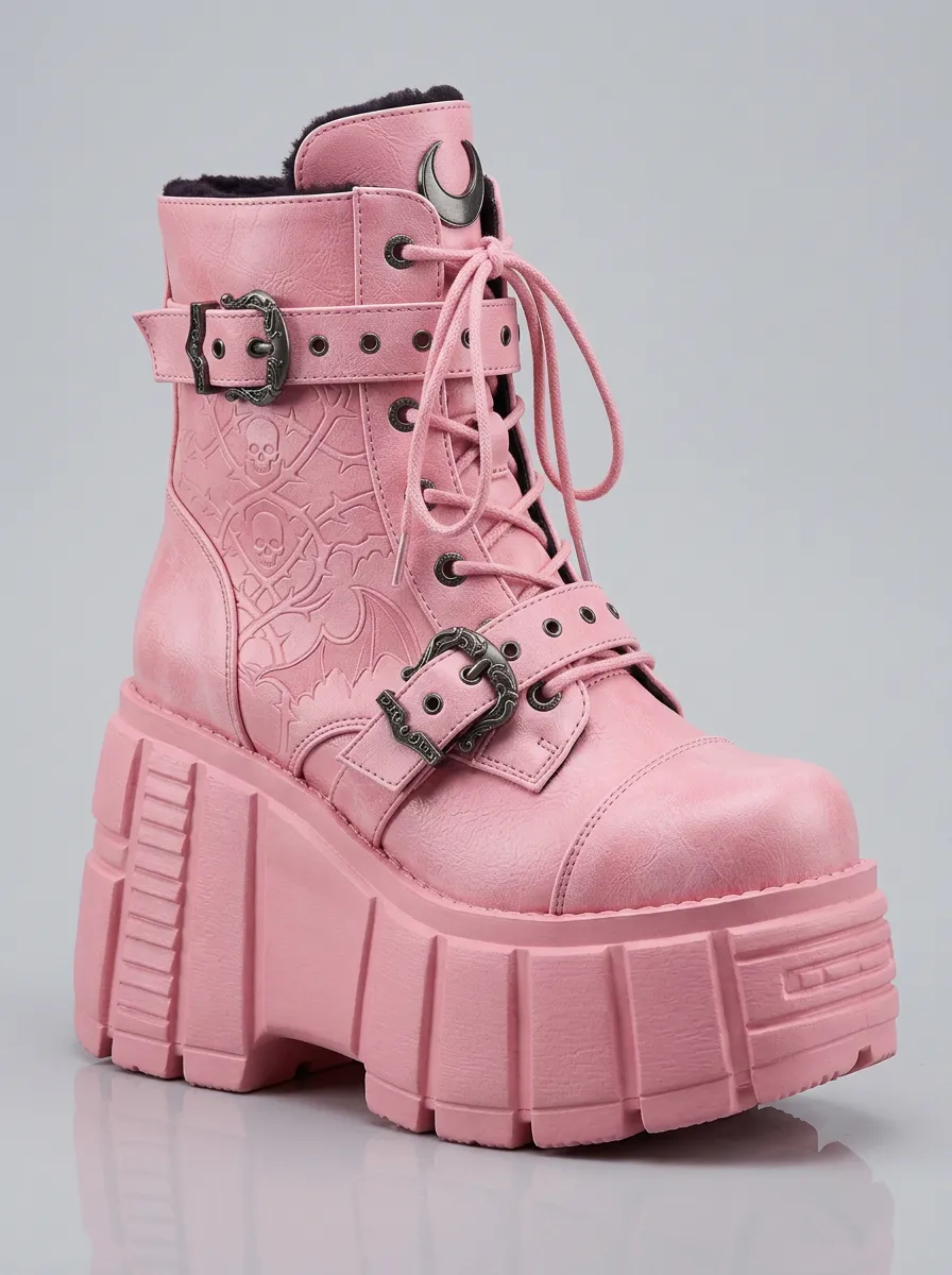 Dramatic Skull Moon Embossed Punk Look Women's Gothic Platform Boots