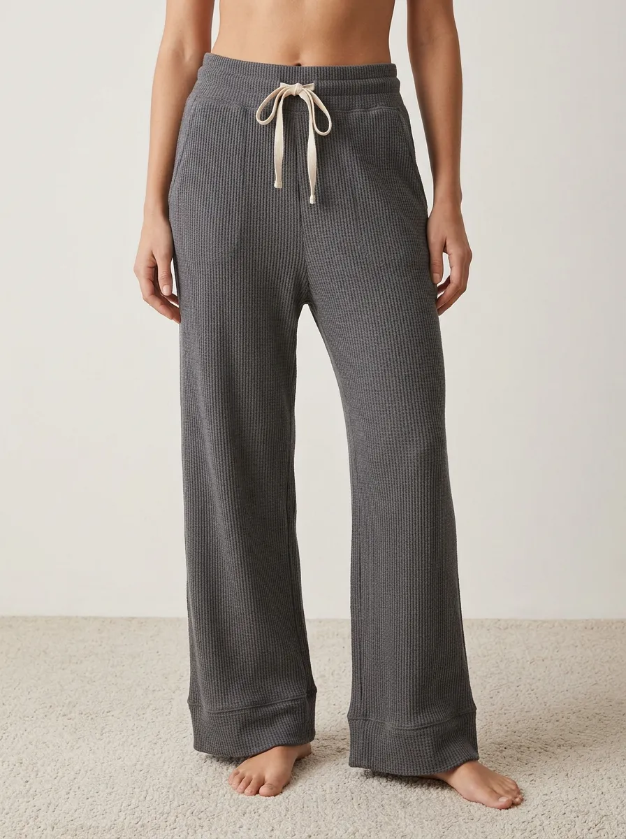 Women's Casual Lounge Waffle Knit Drawstring Wide Leg Pants