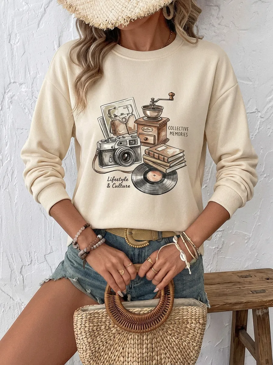 Women's Vintage Aesthetic Camera Vinyl Coffee Printed Sweatshirt