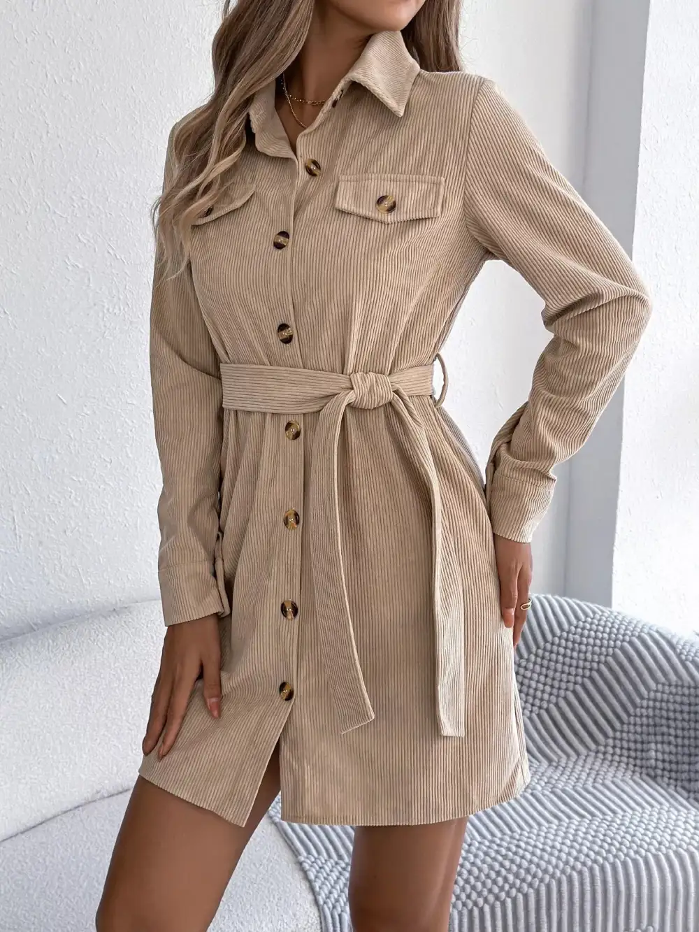 Structured Shape Corduroy Button Front Shirt Dress