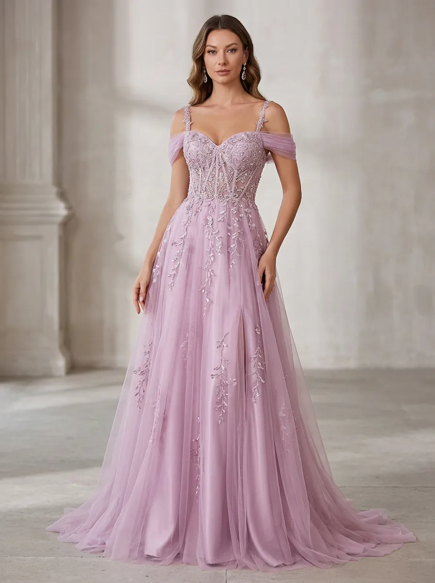 Women's Floral Beaded Tulle Embroidered Evening Gown