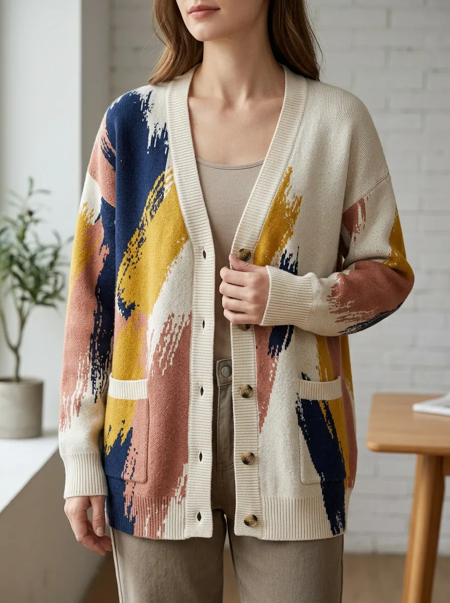 Women's Abstract Brushstroke Pattern Printed Dropped Shoulder Wardrobe Layering Cardigan