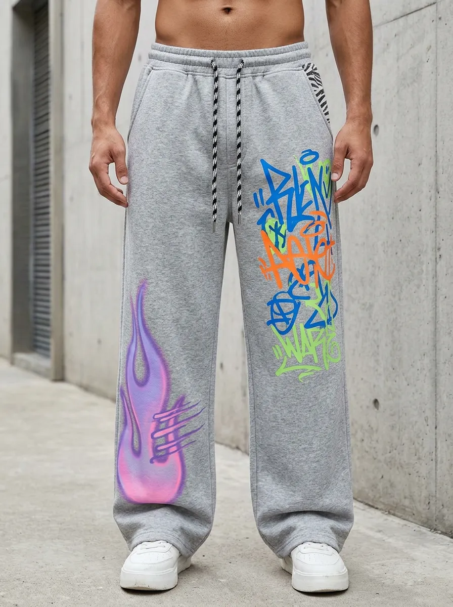Men's Streetwear Graffiti Flame Pattern Printed Sweatpants
