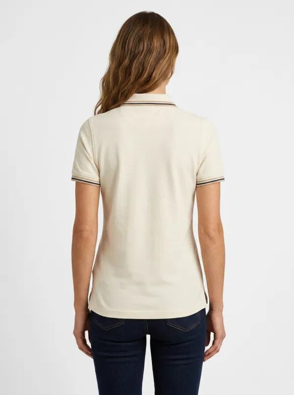 Women's Casual Cream Striped Trim Pocket Polo Shirt