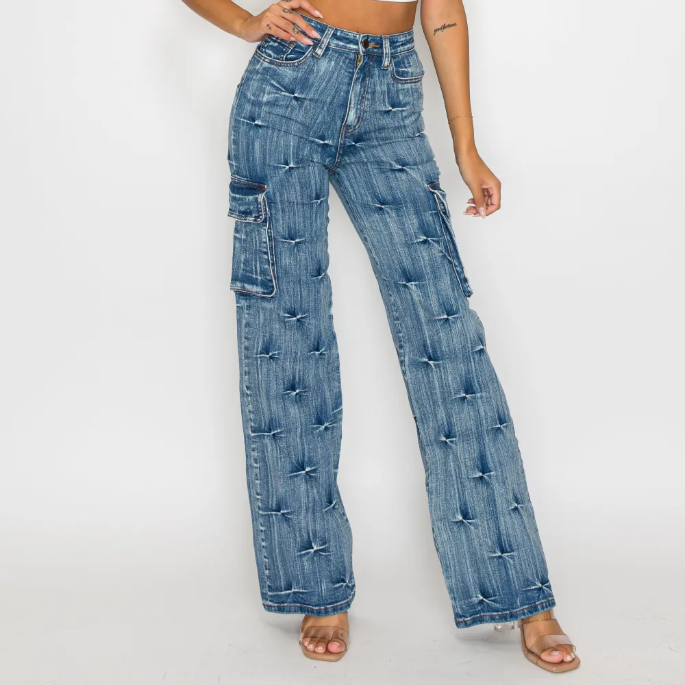 High-Rise Straight-Leg Distressed Cargo Jeans