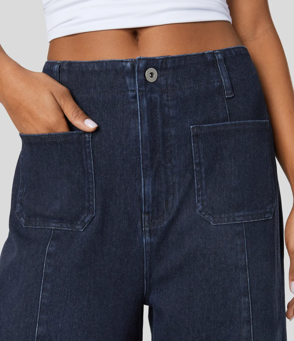 Magic High Waisted Front Pockets Washed Stretchy Knit Casual Wide Leg Jeans