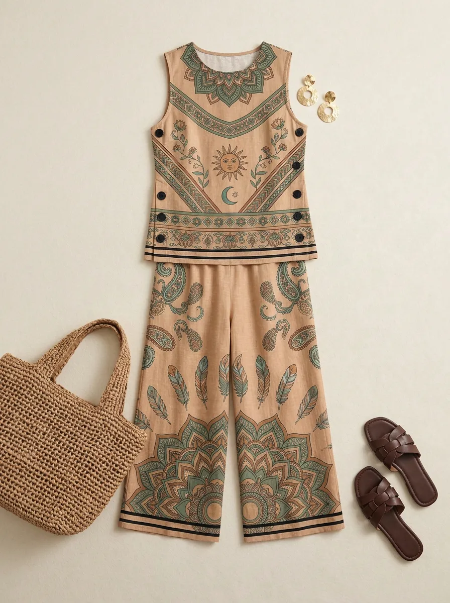 Women's Boho Sun Mandala Feather Printed Sleeveless Set