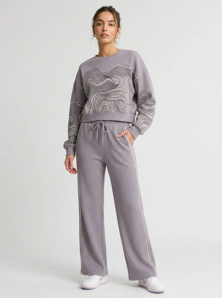 Women's Abstract Wave Pattern Printed Waffle Knit Lounge Set