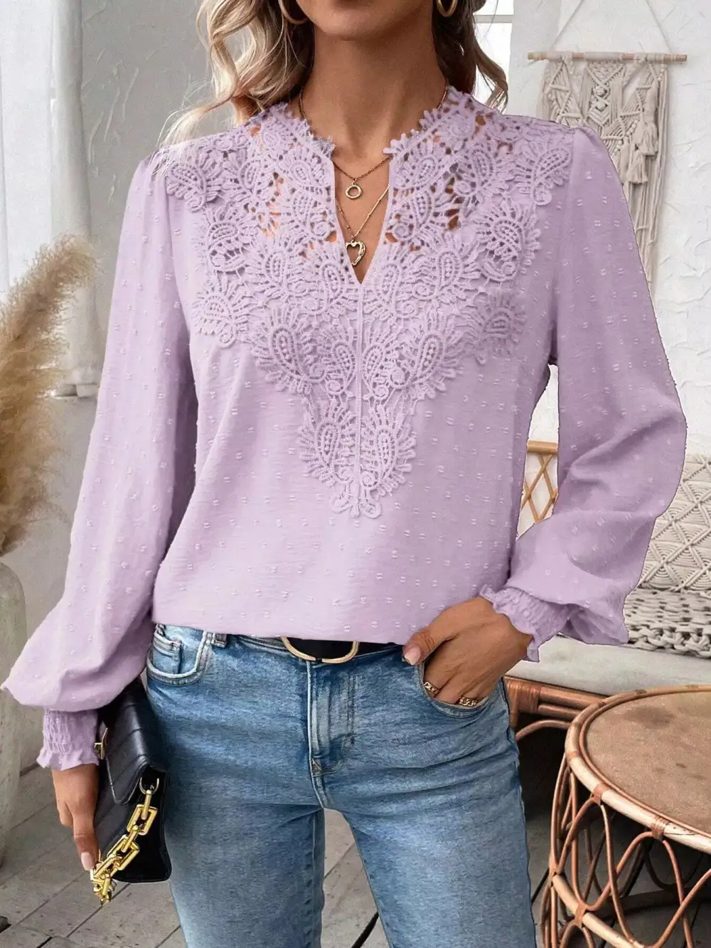 Swiss Dot Lace Detail Long Sleeve Blouse
