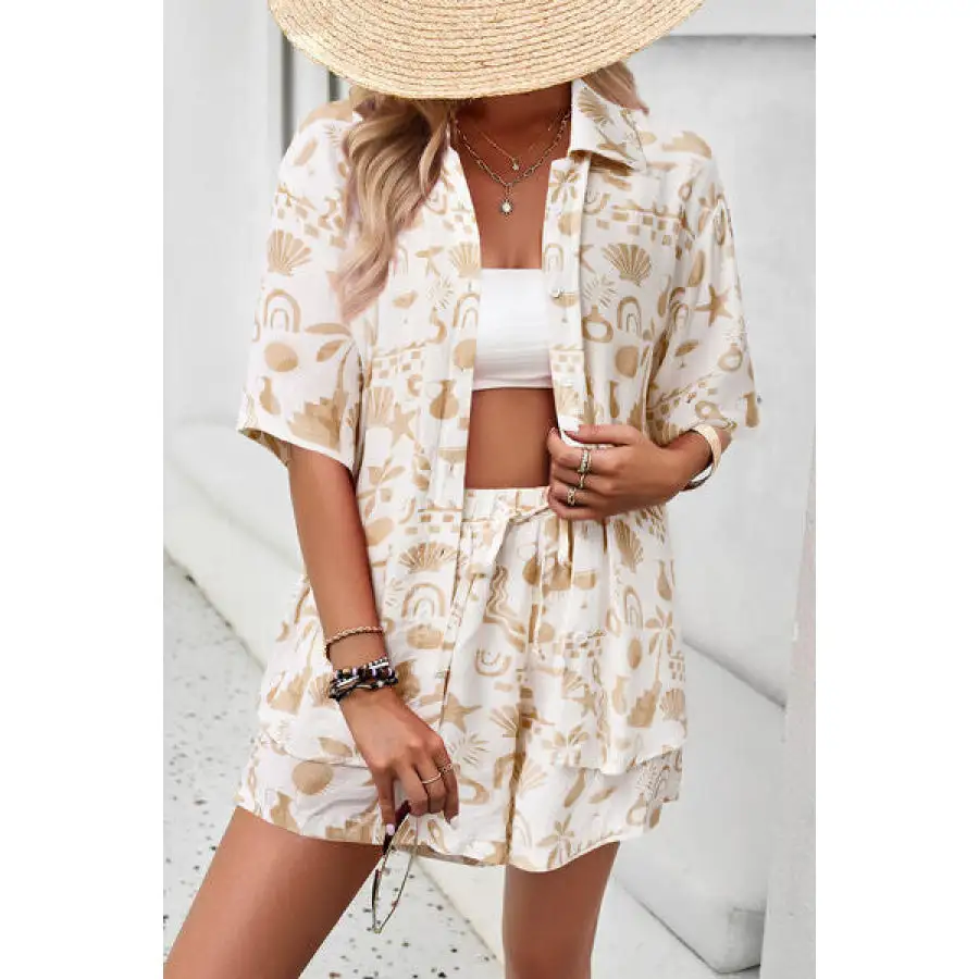 Vacation Printed Button Up Shirt and Shorts Set