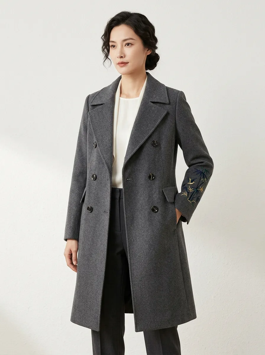 Women's Oriental Style Bamboo Embroidery Gray Wool Coat