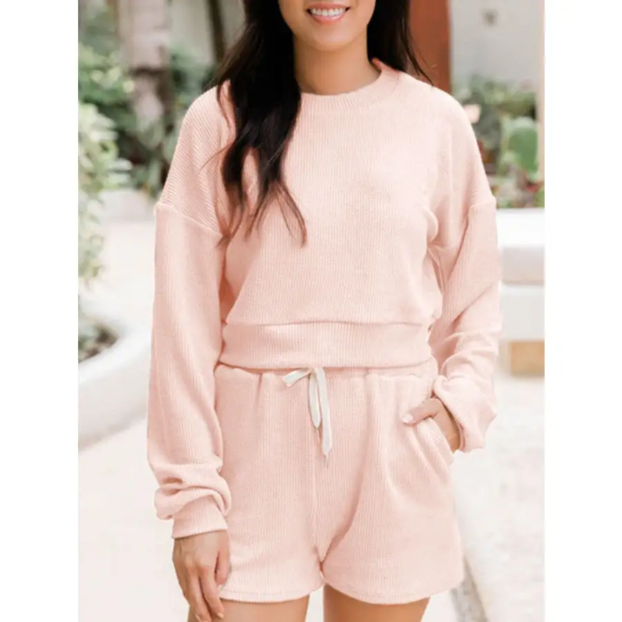Ribbed Round Neck Long Sleeve Top and Shorts Set