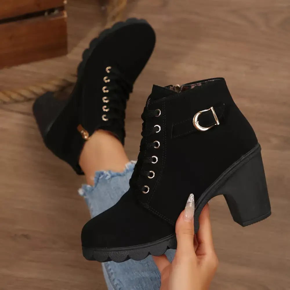 Textured Lace-Up Block Heel Boots
