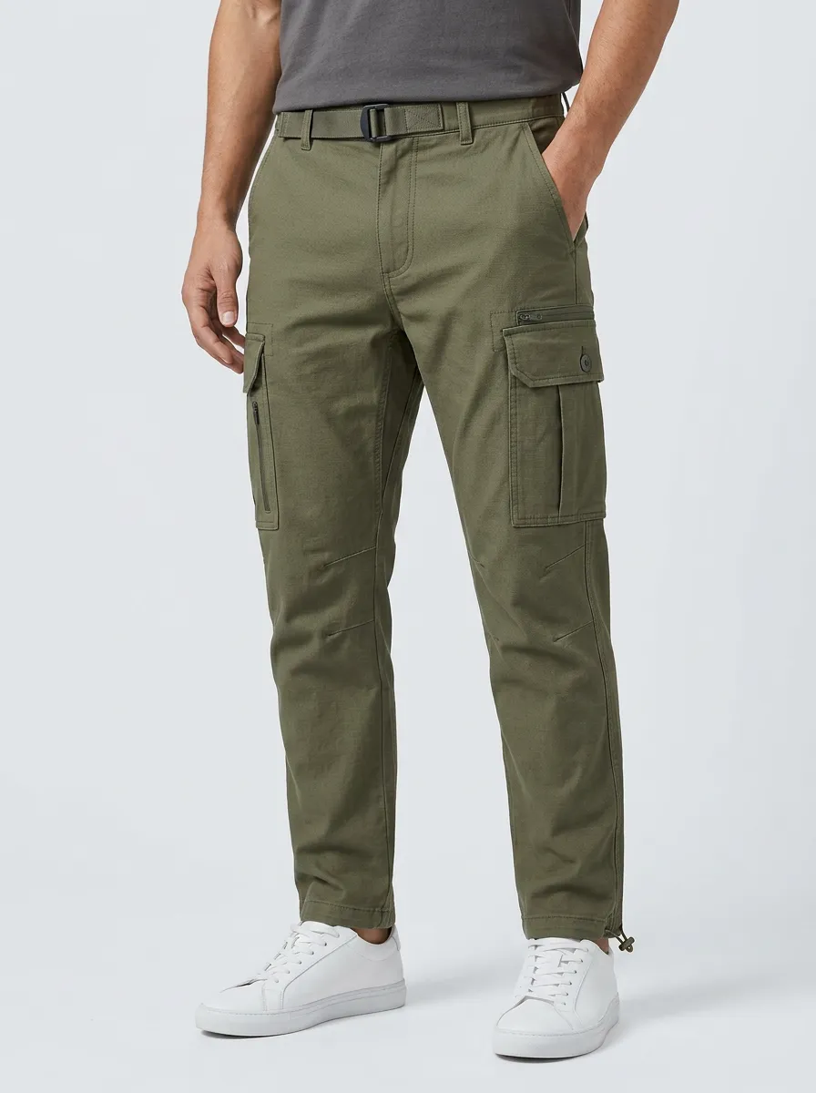 Men's Outdoor Tactical Olive Green Multi-Pocket Integrated Webbing Belt Cargo Pants