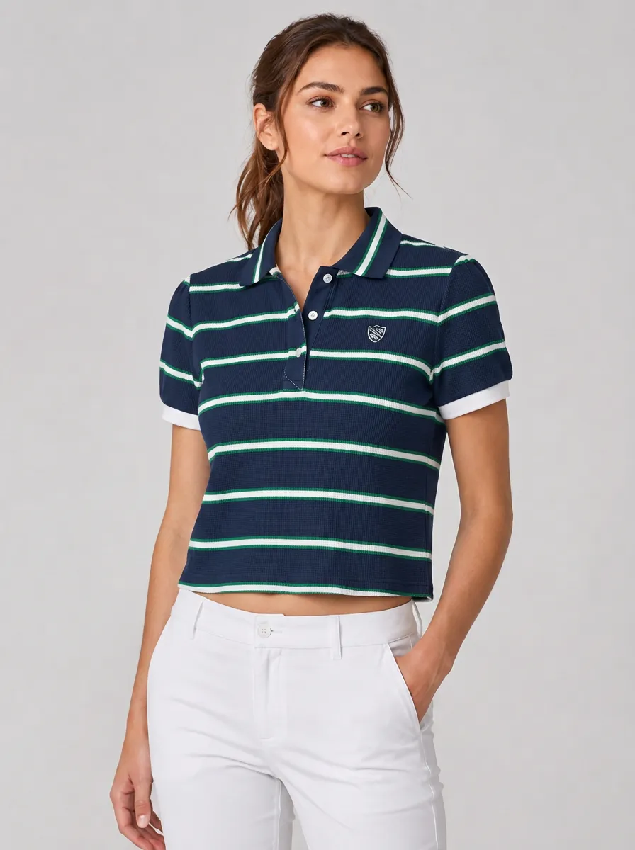 Women's Equestrian Lover Striped Shield Logo Printed Polo Shirt