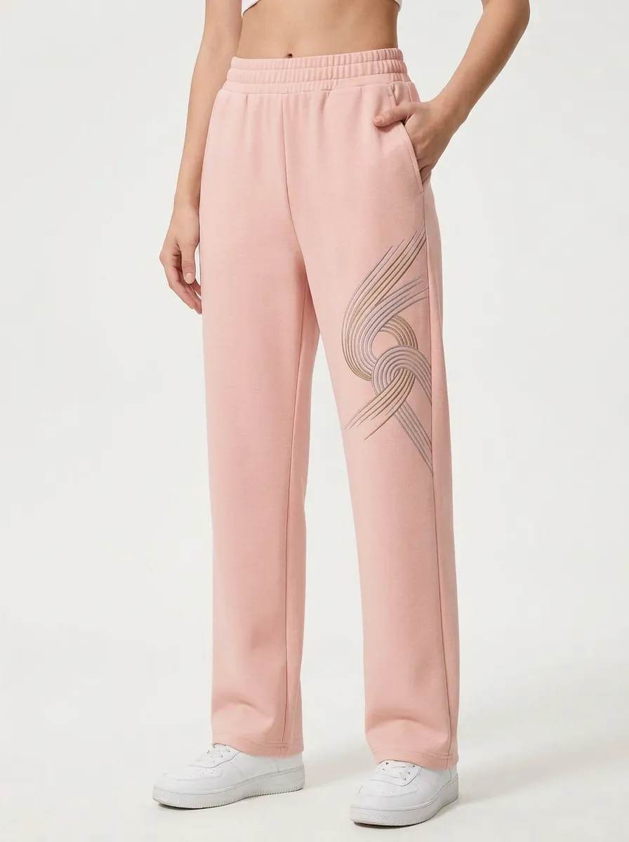 Women's Beige Embroidered Graphic Sweatpants
