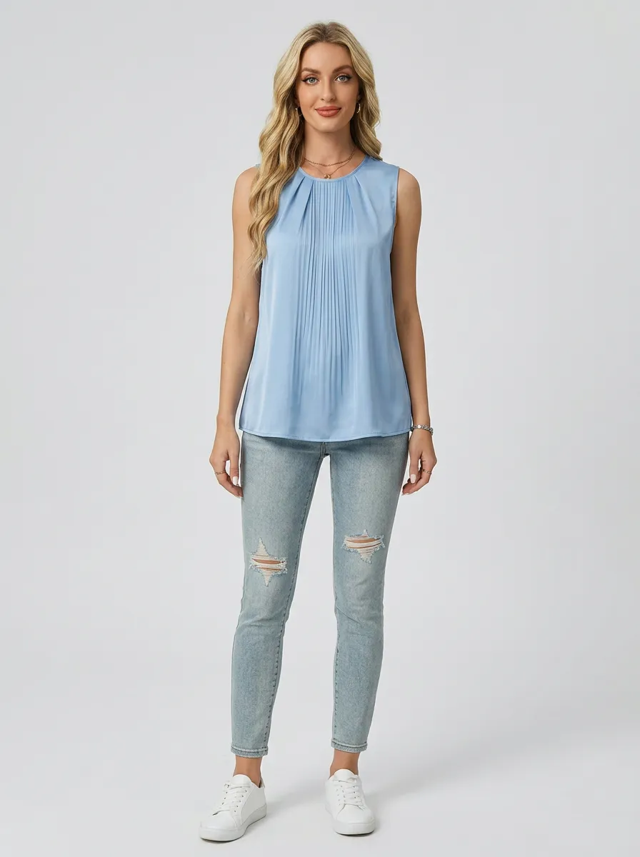 Office Pleated Sleeveless Blouse