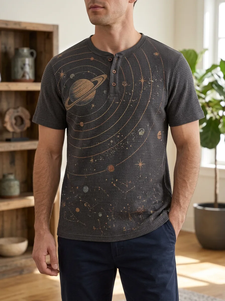 Men's Classic Astronomy Lover Saturn Solar System Henley T-Shirt