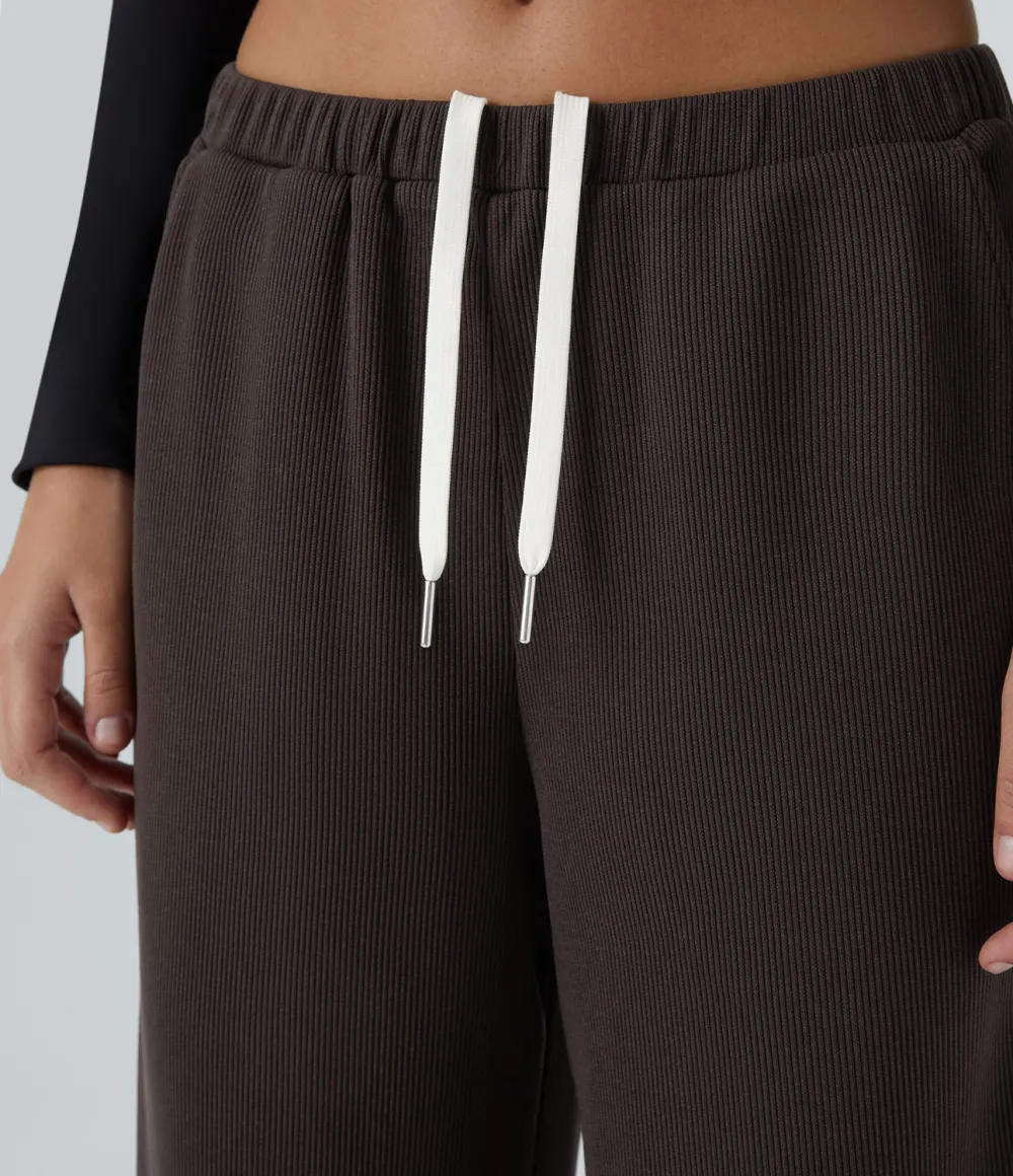 Ribbed Mid Low Rise Inside Drawstring Multiple Pockets Wide Leg Casual Pants