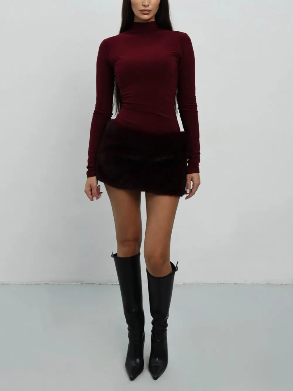 High Neck Knitted Faux Fur Mini Dress