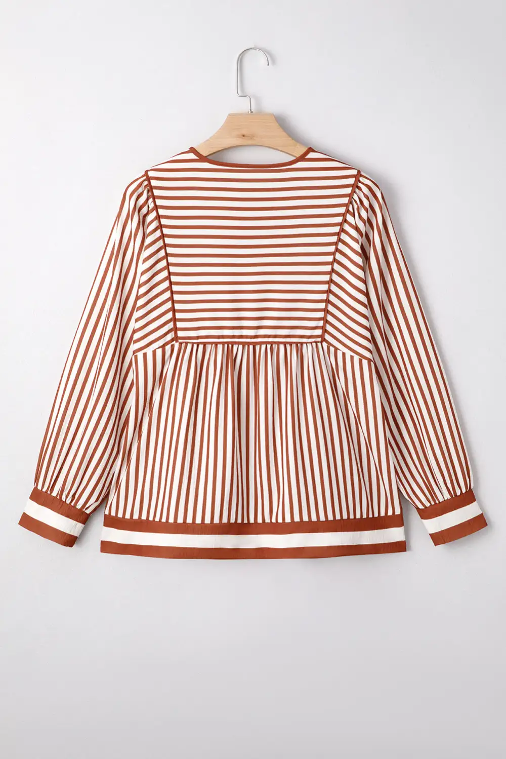 Brown Stripe Babydoll Long Sleeve Blouse