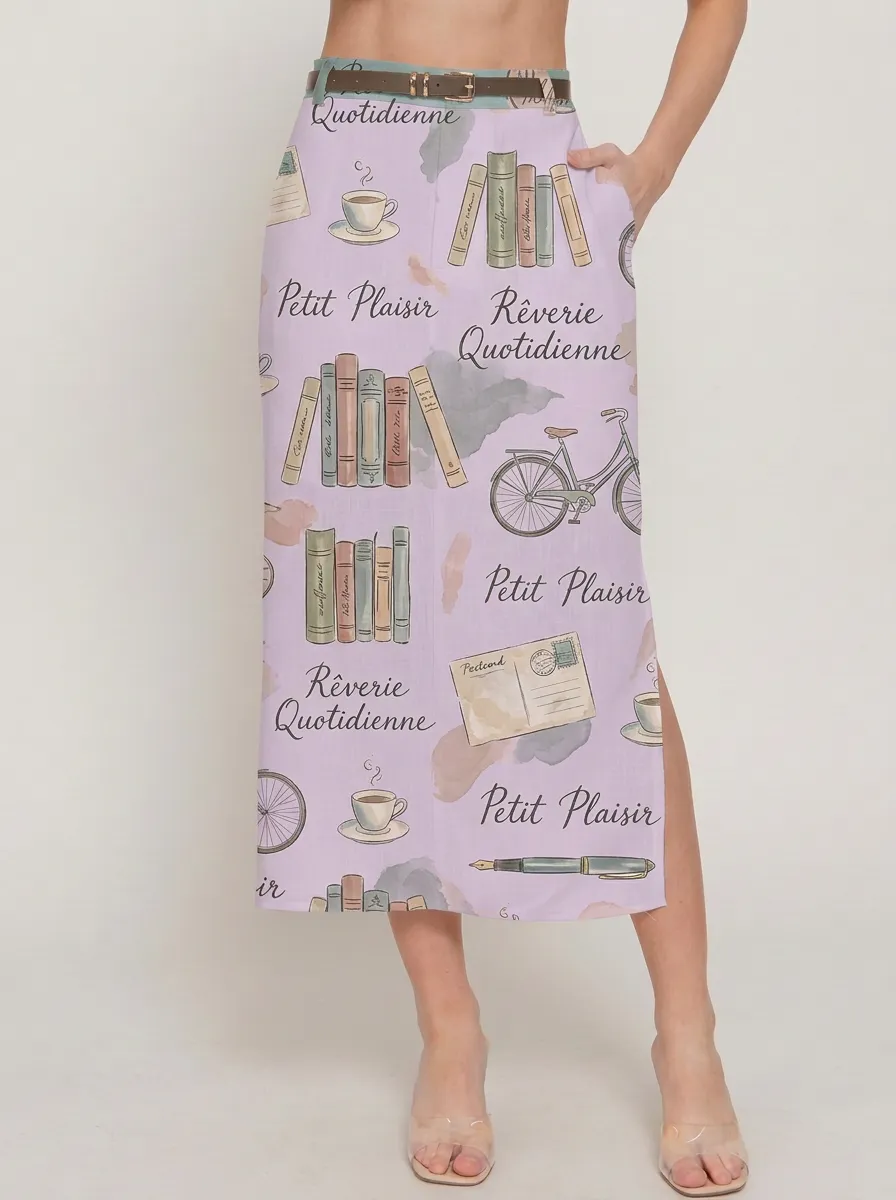 Women's Book Lover Vintage Aesthetic Books Bicycle Printed Midi Skirt