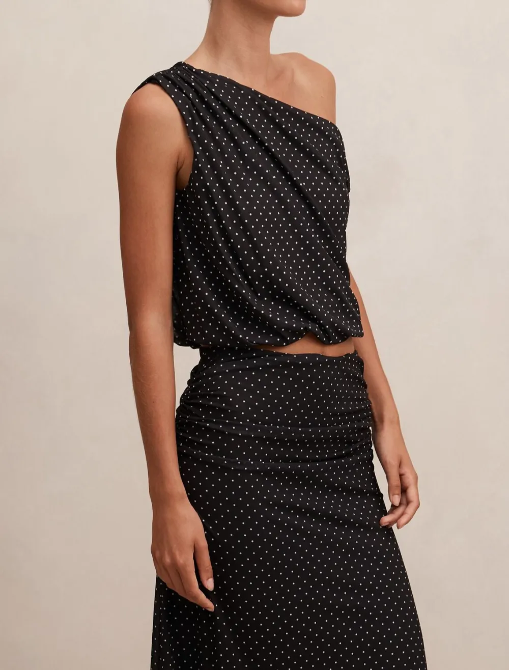 Black Polka Dot One-Shoulder Drape Top