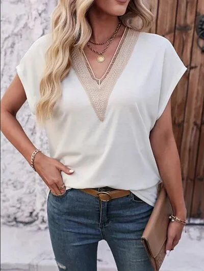 V-Neck Short-Sleeve Lace-Detail Cotton T-Shirt