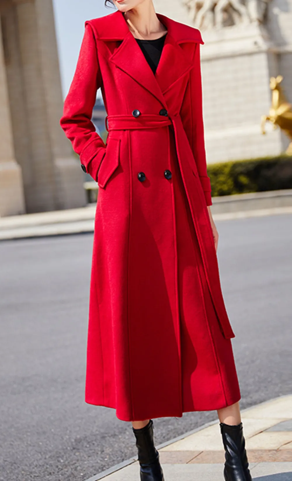 Wool Double Breasted Lapel Collar Pocketed Long Coat